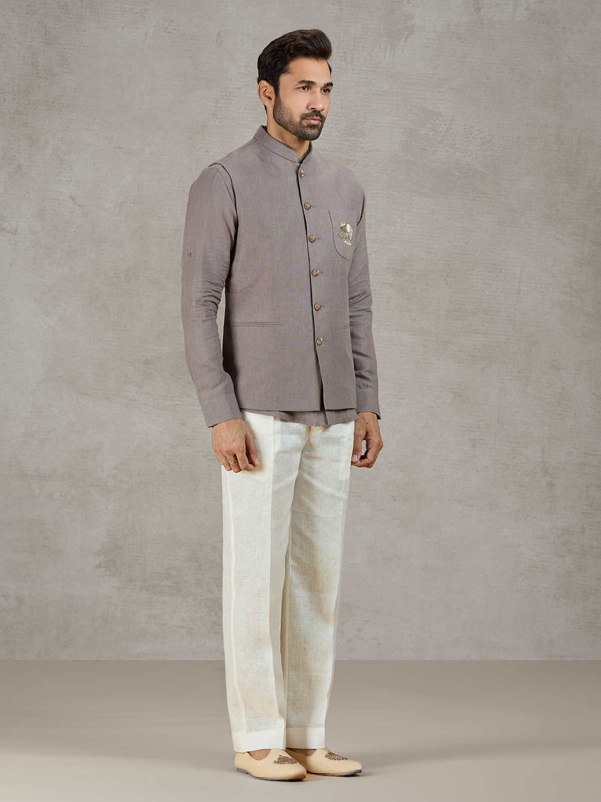 Grey linen waistcoat set with thread and zardosi work