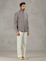Grey linen waistcoat set with thread and zardosi work