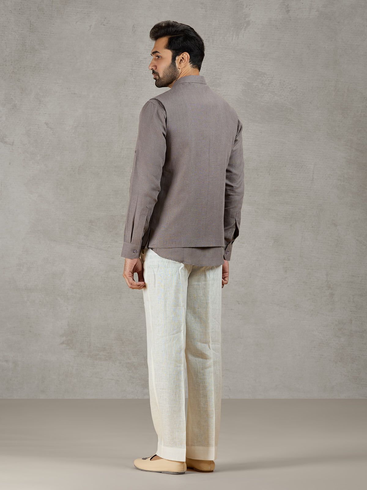 Grey linen waistcoat set with thread and zardosi work