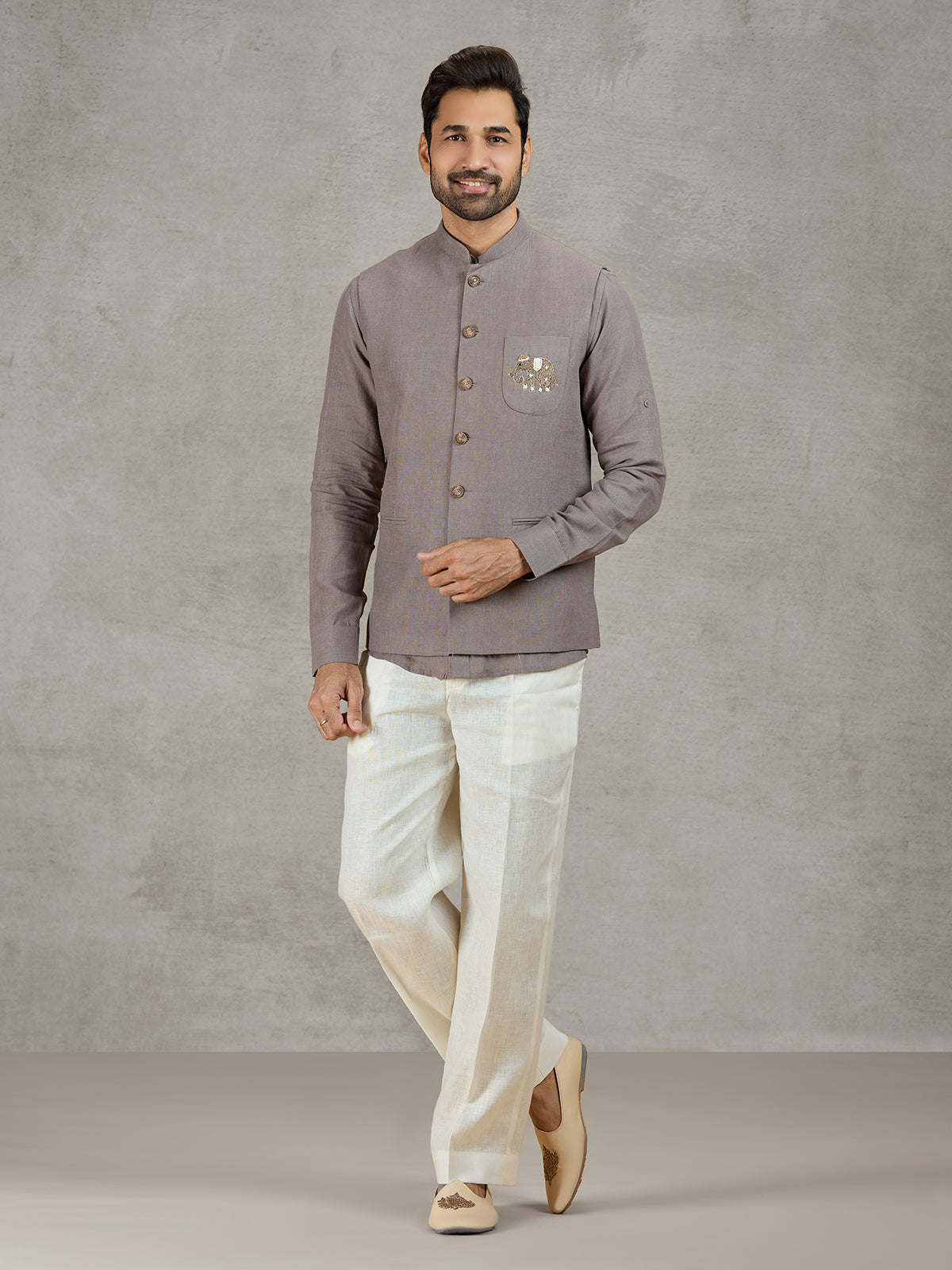 Grey linen waistcoat set with thread and zardosi work