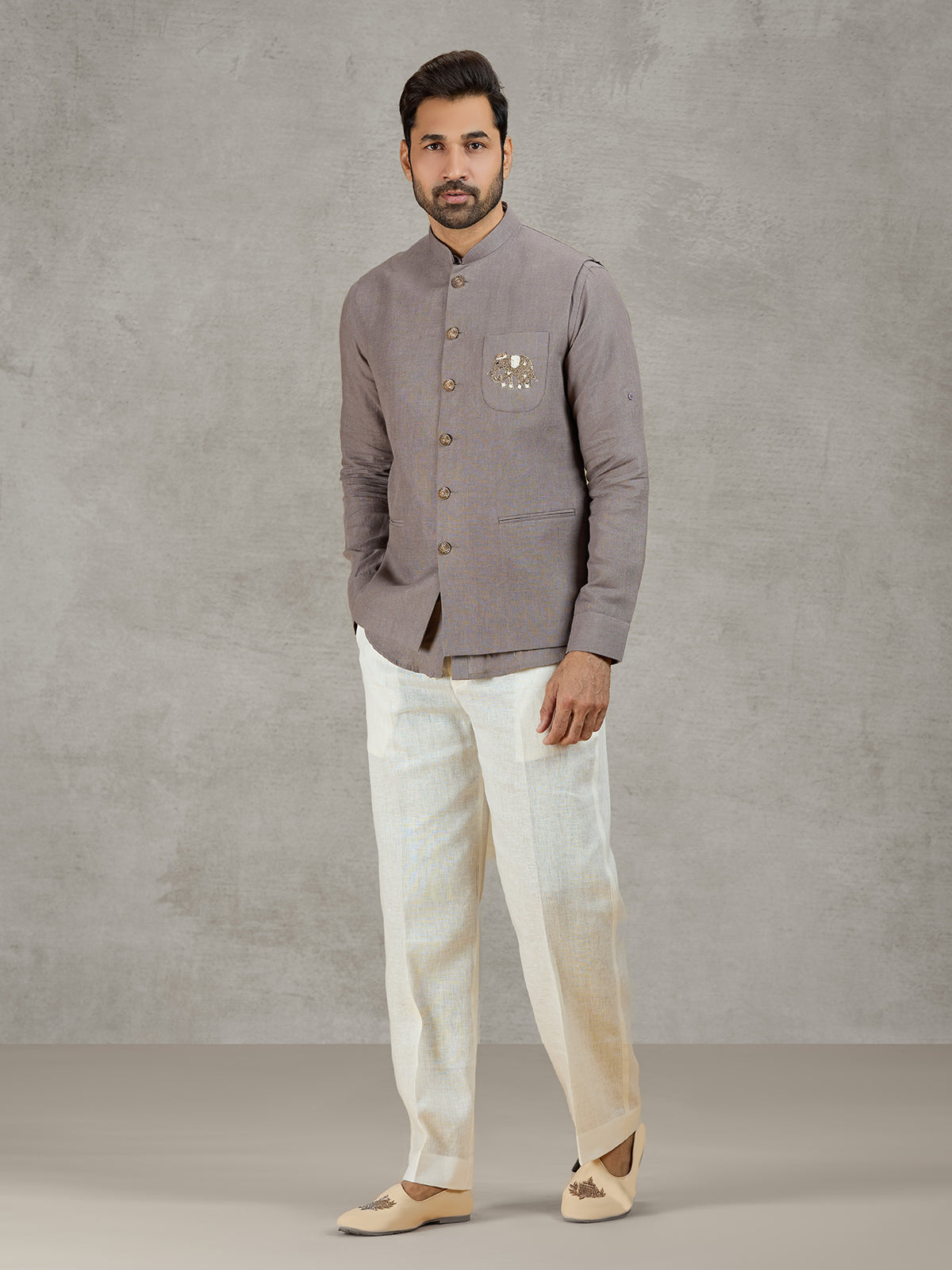 Grey linen waistcoat set with thread and zardosi work