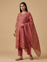 Pink printed cotton kurti set with dupatta for women
