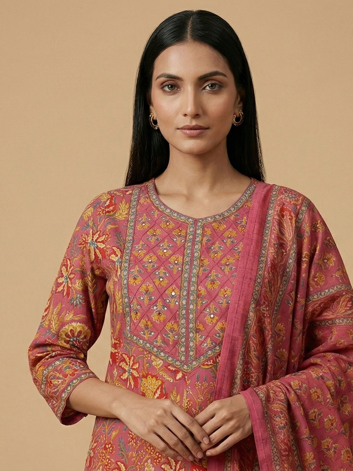 Pink printed cotton kurti set with dupatta for women