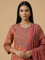 Pink printed cotton kurti set with dupatta for women
