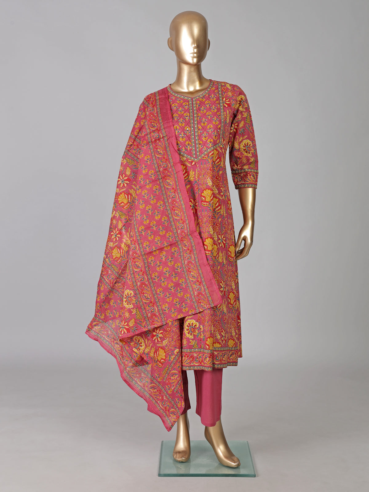 Pink printed cotton kurti set with dupatta for women