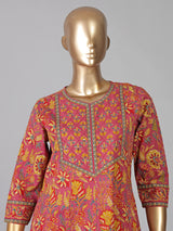 Pink printed cotton kurti set with dupatta for women