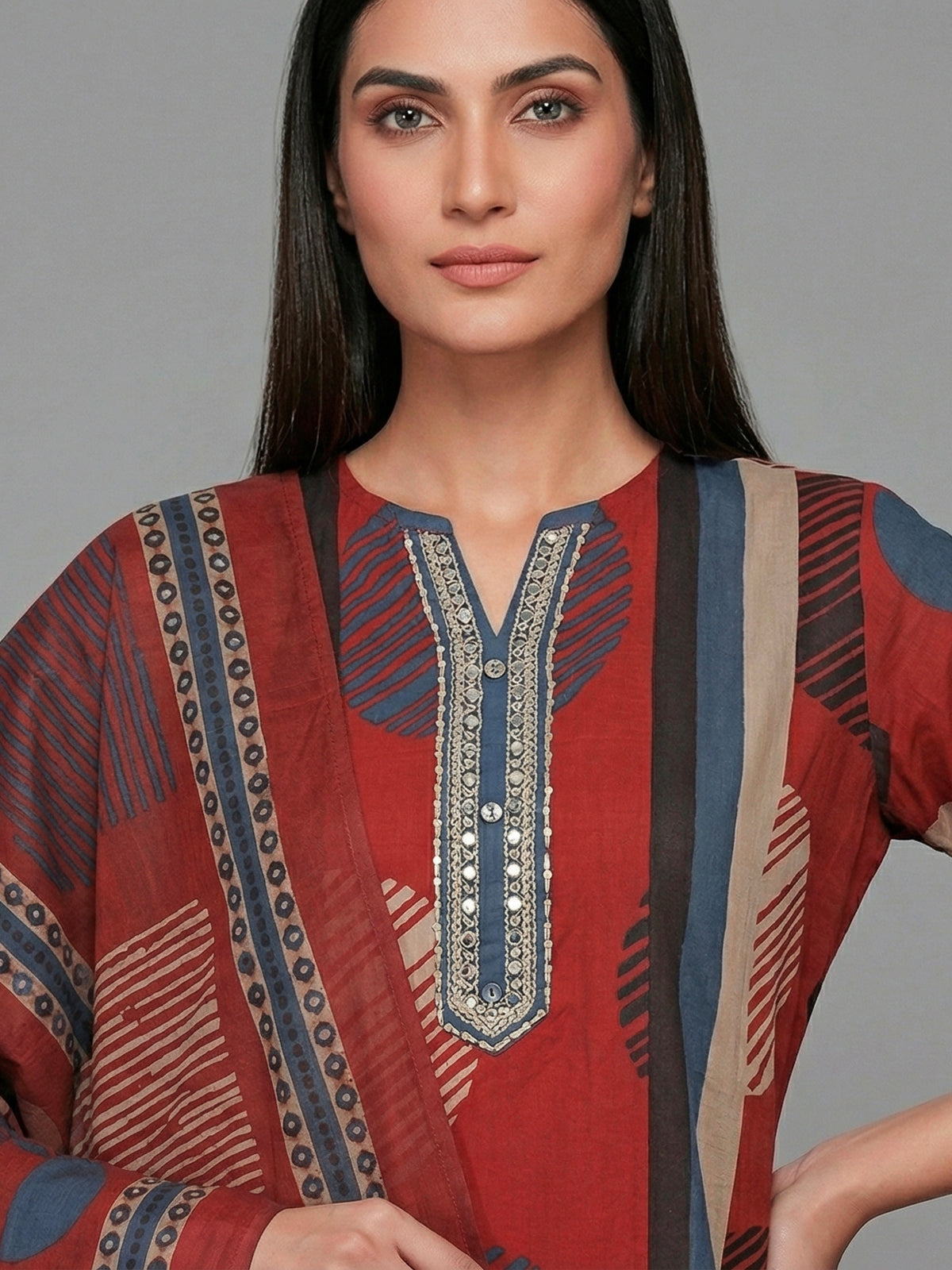 Maroon straight cut cotton kurti set