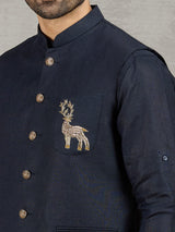 Navy linen waistcoat with shirt and intricate zardosi detailing