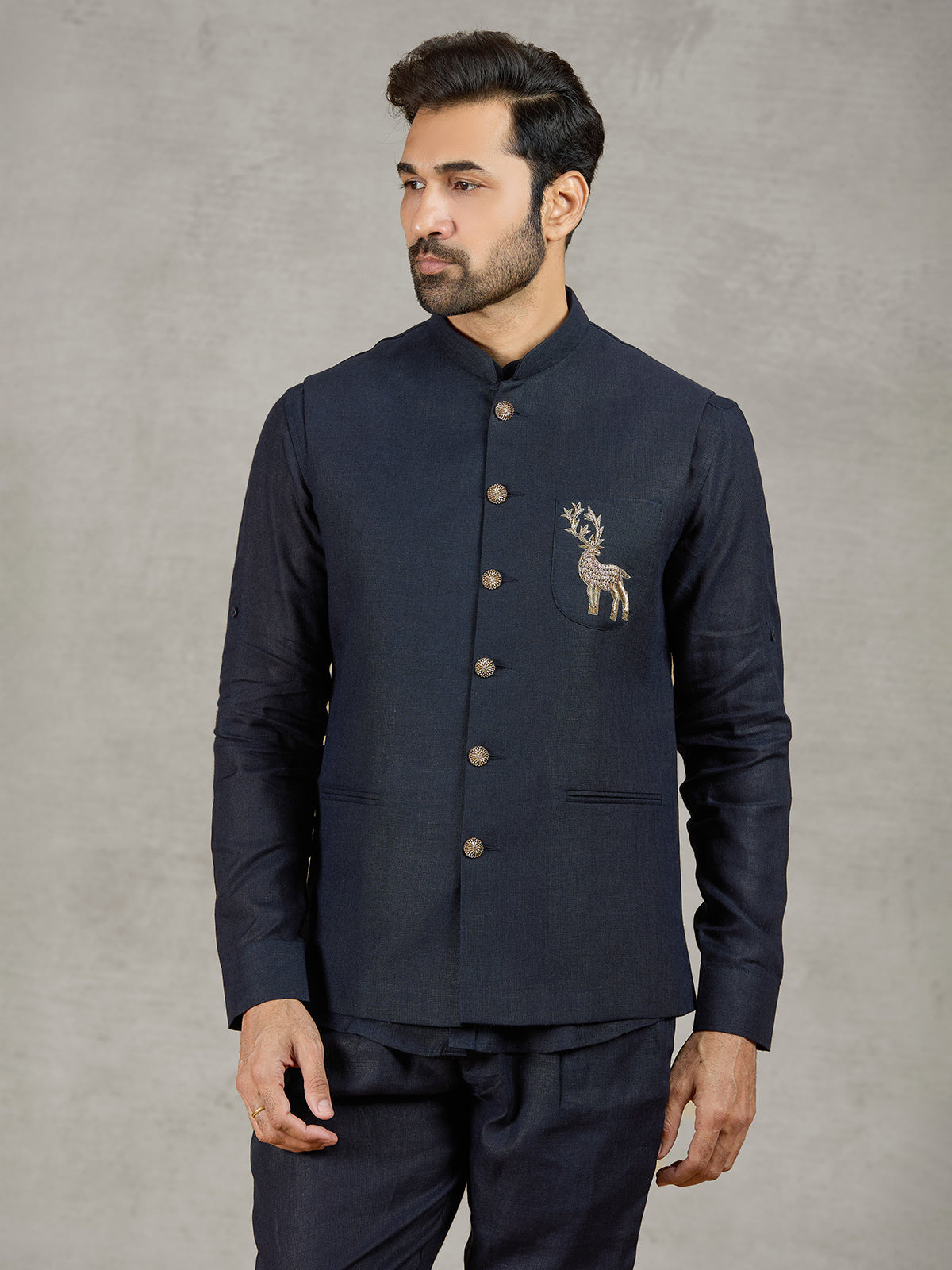 Navy linen waistcoat with shirt and intricate zardosi detailing