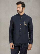 Navy linen waistcoat with shirt and intricate zardosi detailing