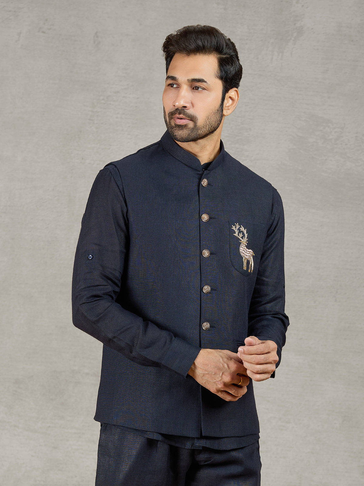 Navy linen waistcoat with shirt and intricate zardosi detailing