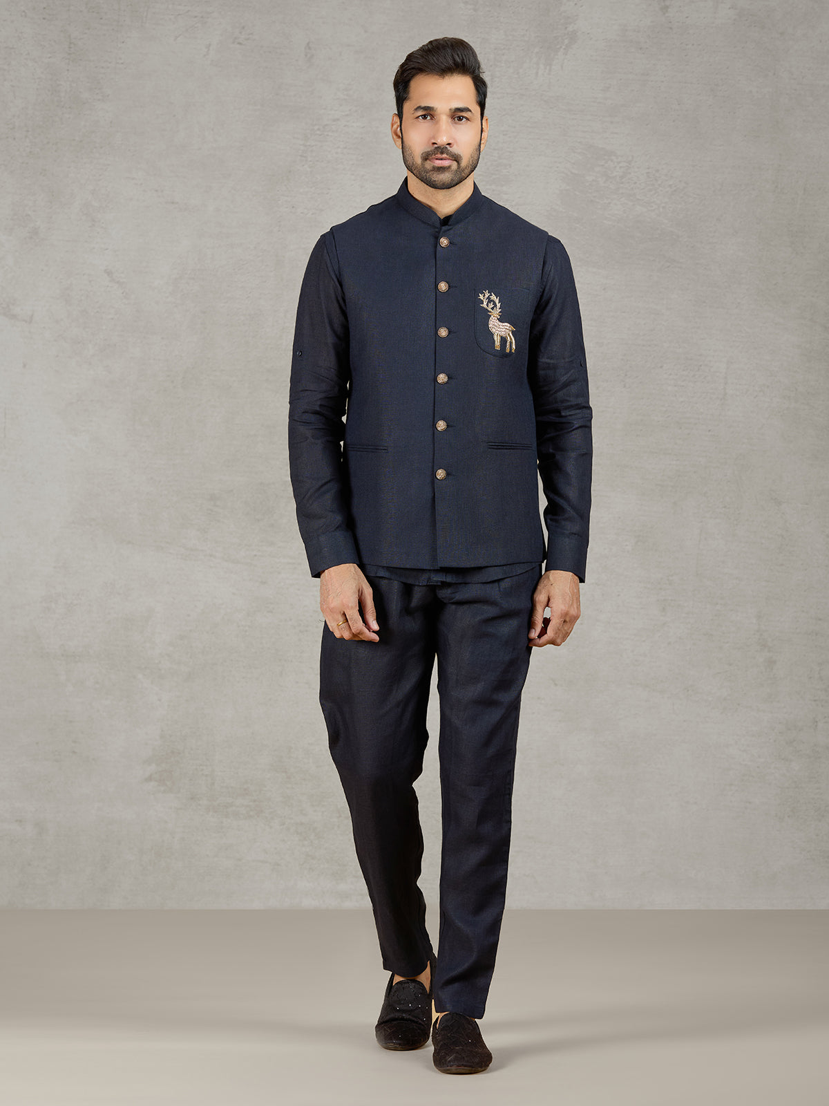 Navy linen waistcoat with shirt and intricate zardosi detailing