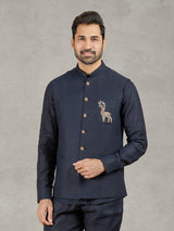 Navy linen waistcoat with shirt and intricate zardosi detailing