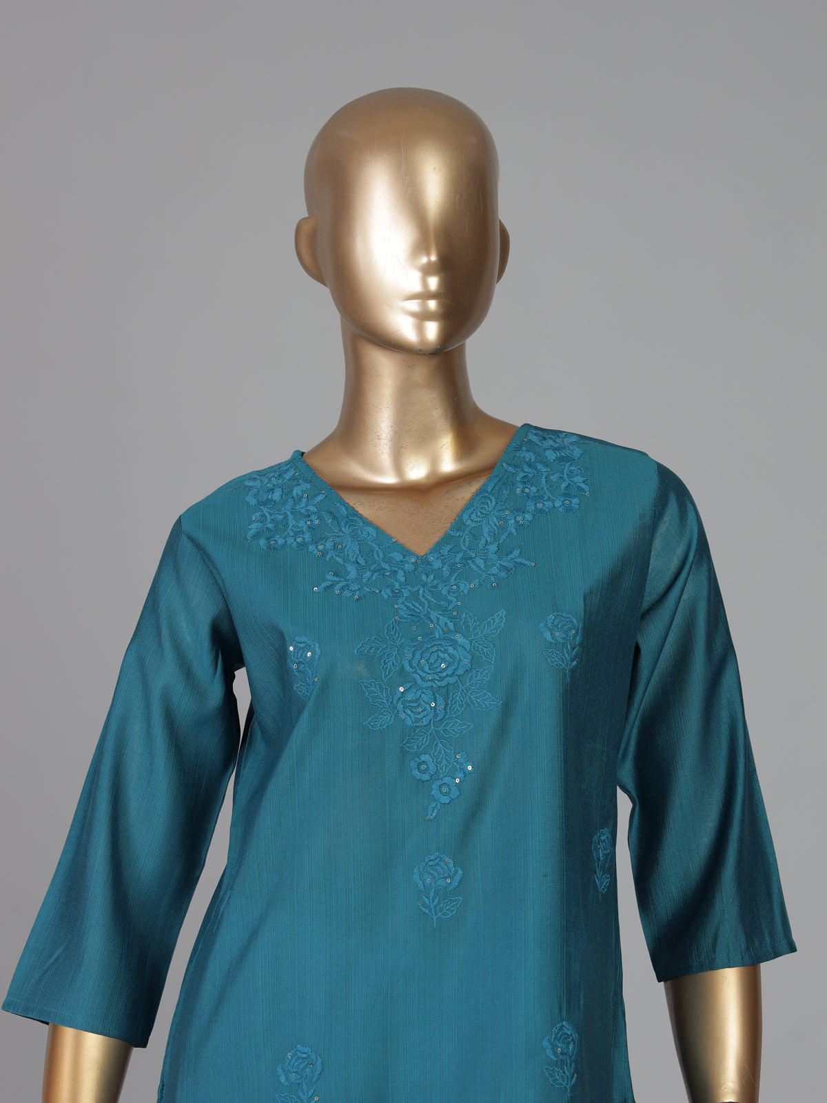 Aqua blue cotton silk embroidered kurti design