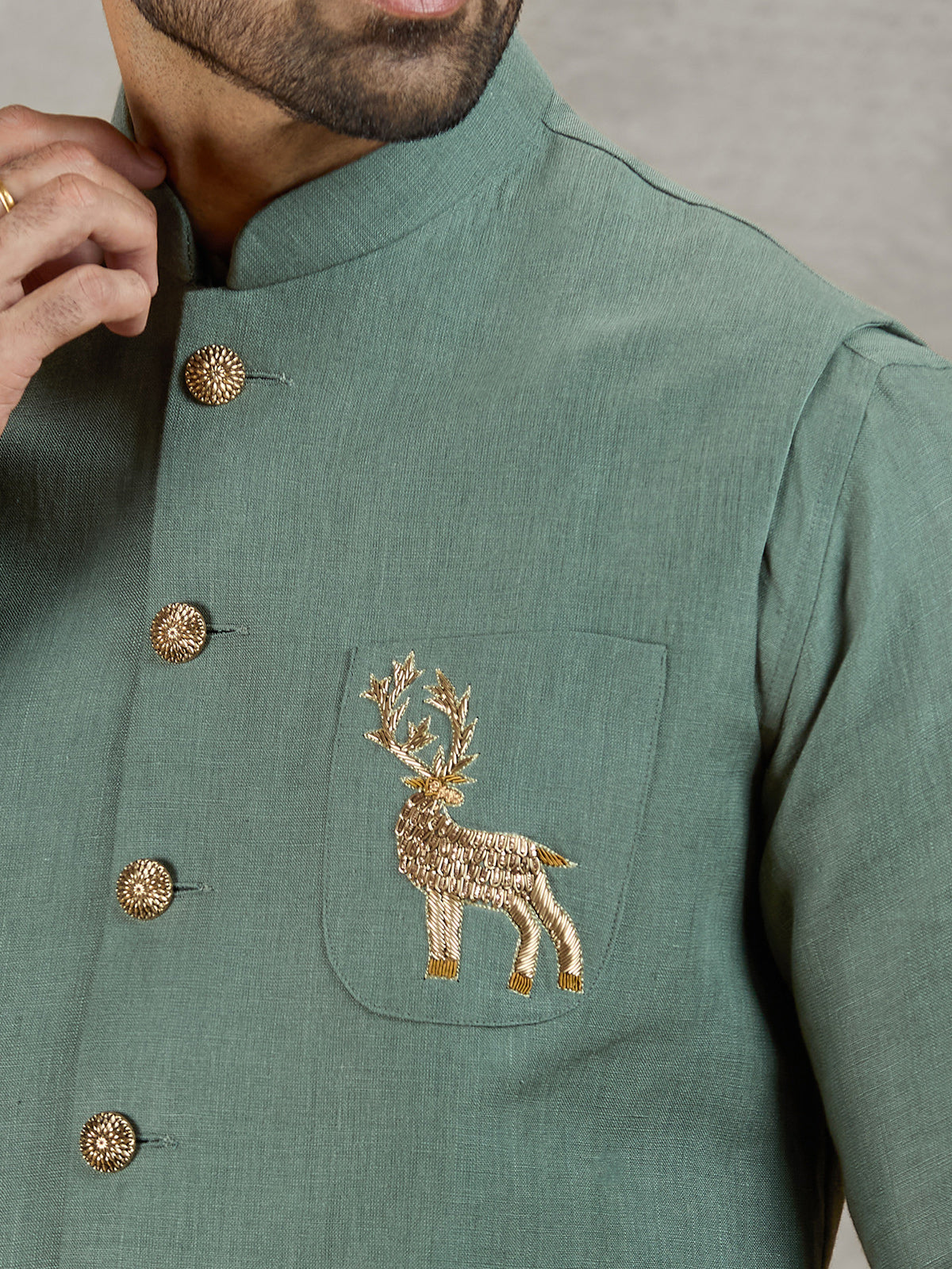 Green linen waistcoat with shirt for festive occasions