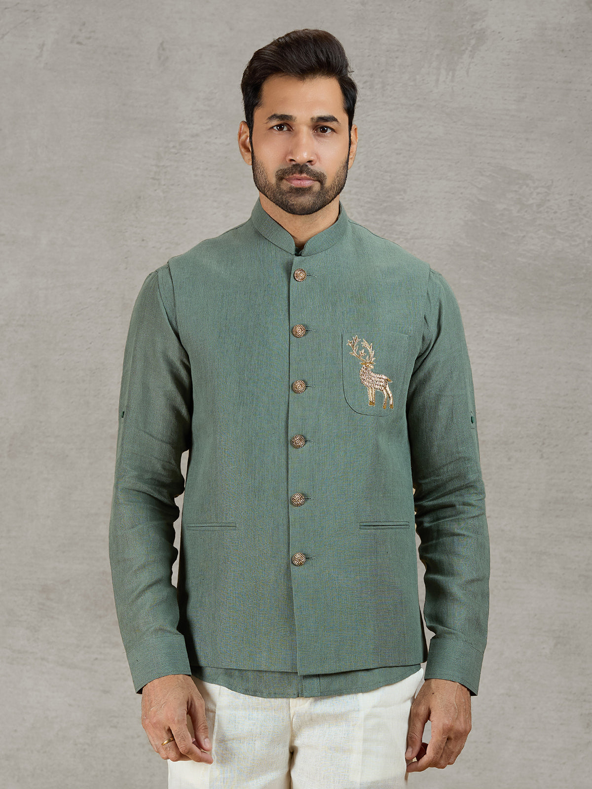 Green linen waistcoat with shirt for festive occasions