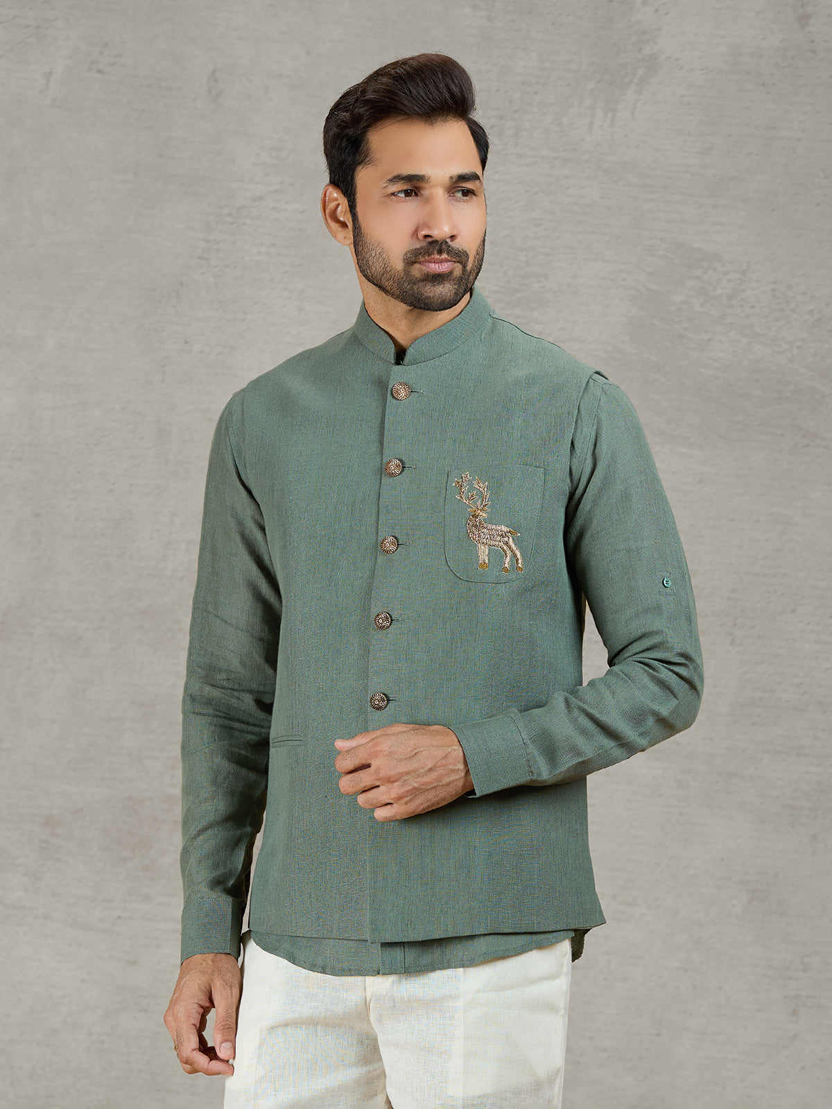 Green linen waistcoat with shirt for festive occasions
