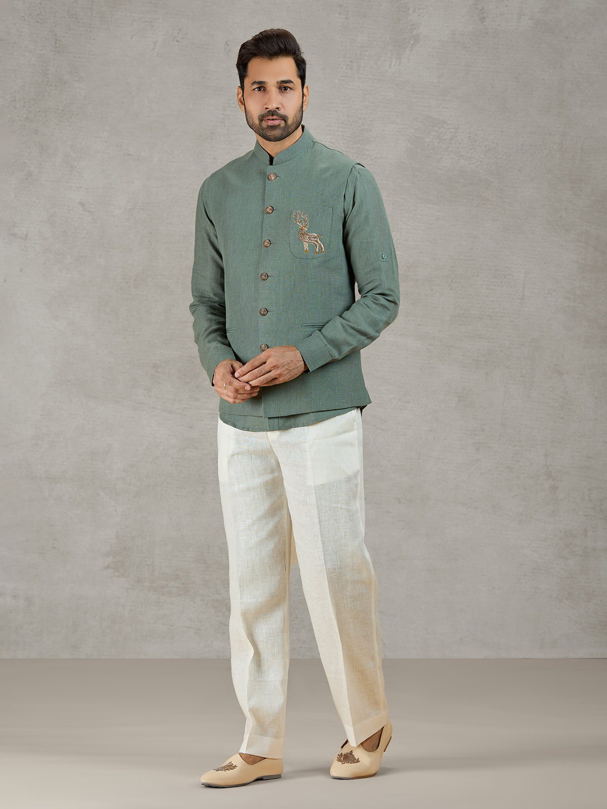Green linen waistcoat with shirt for festive occasions