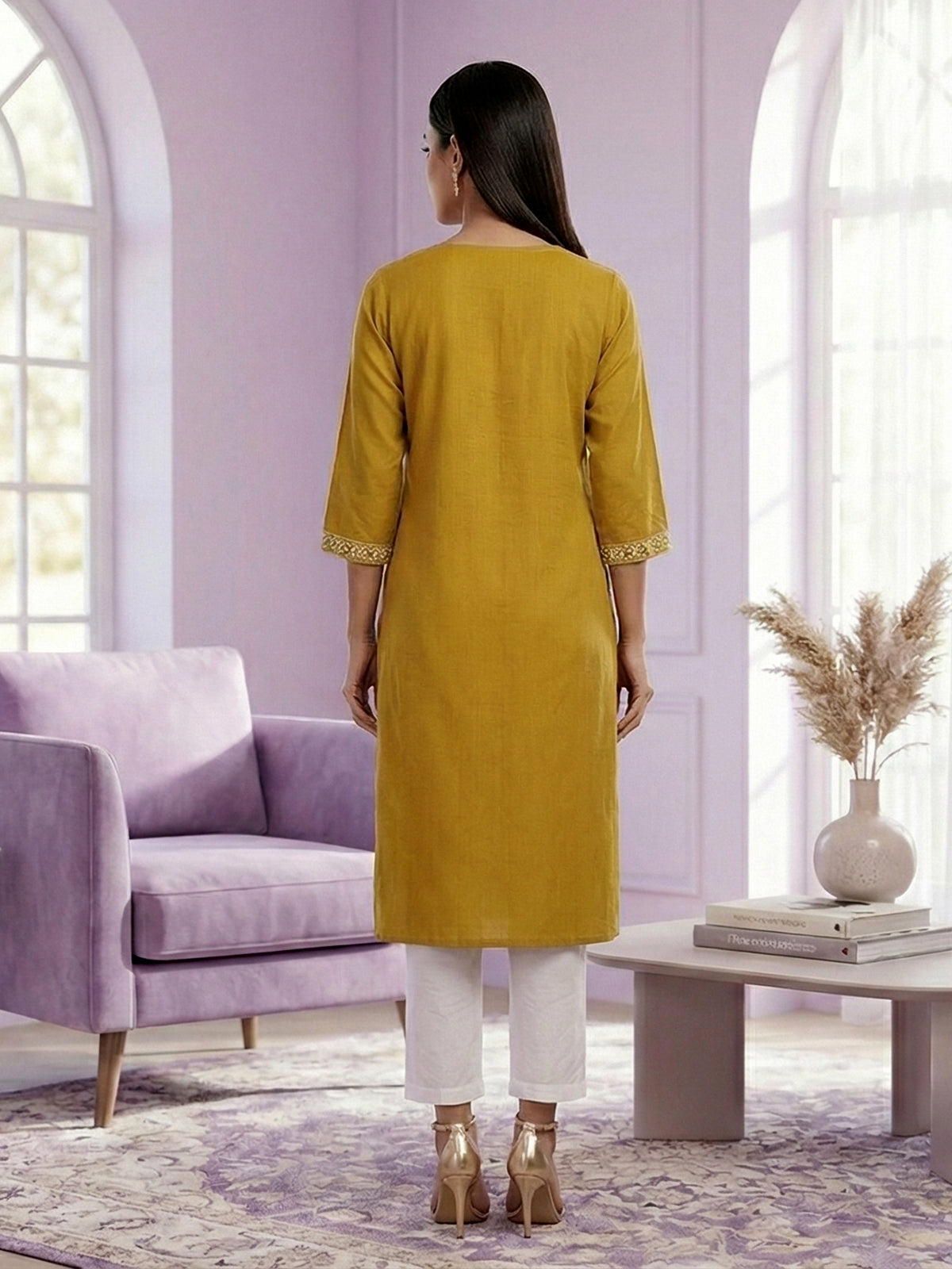 Yellow cotton silk embroidered straight cut casual kurti