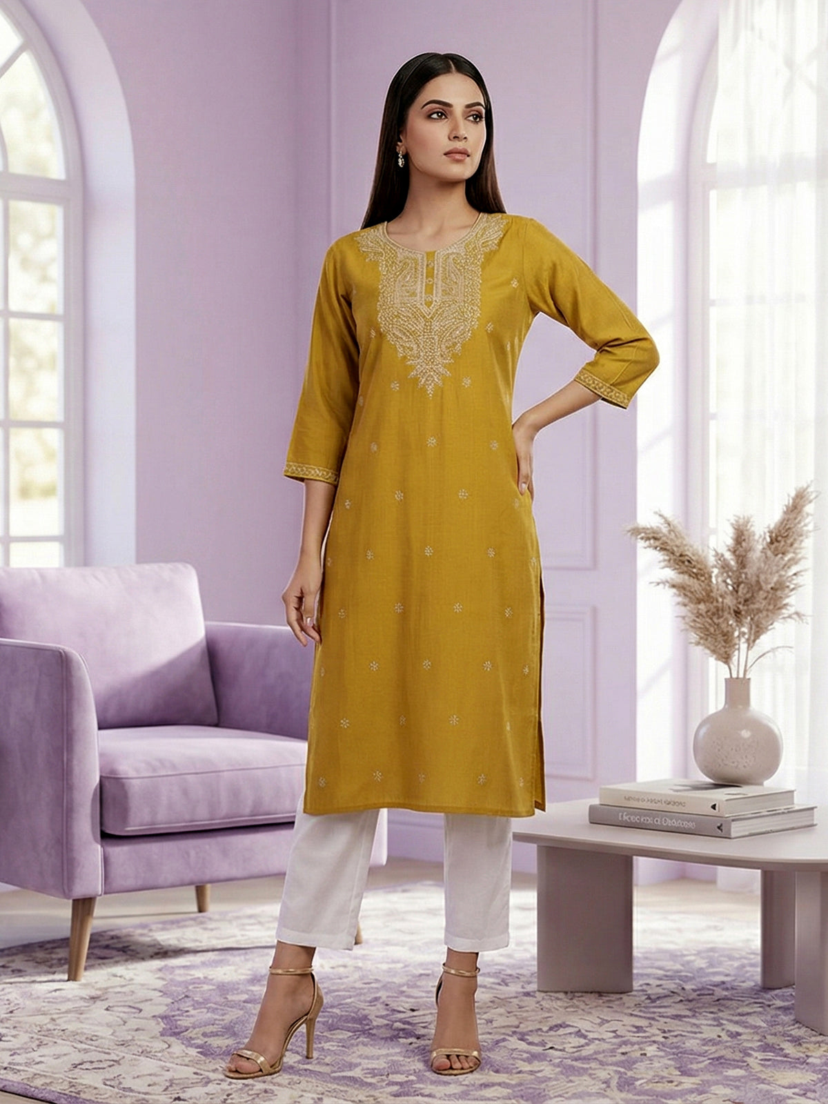 Yellow cotton silk embroidered straight cut casual kurti