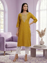 Yellow cotton silk embroidered straight cut casual kurti