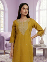 Yellow cotton silk embroidered straight cut casual kurti