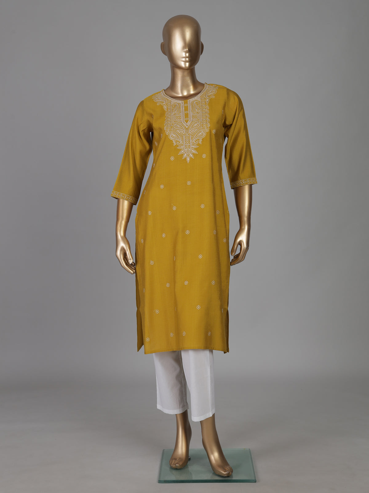 Yellow cotton silk embroidered straight cut casual kurti