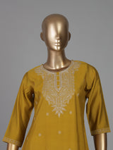Yellow cotton silk embroidered straight cut casual kurti