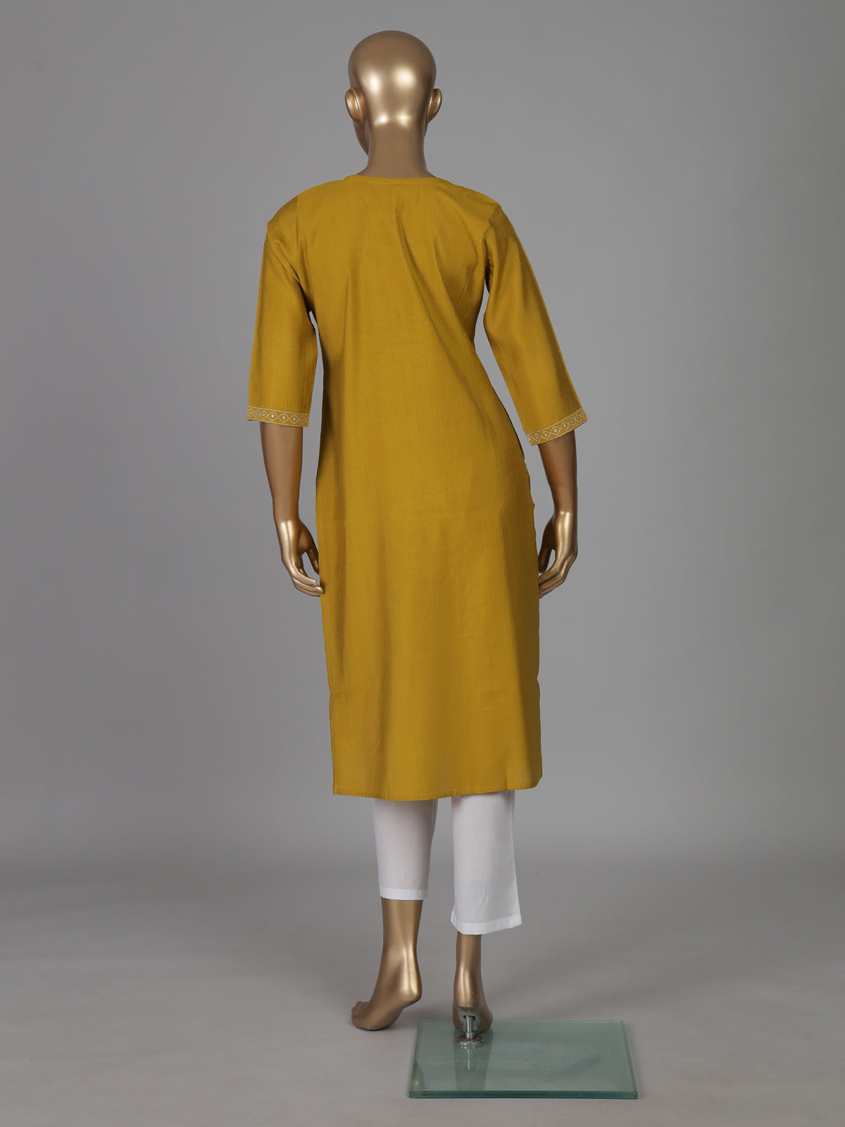 Yellow cotton silk embroidered straight cut casual kurti