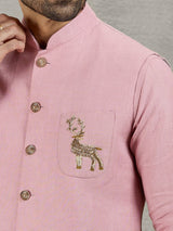 Pastel pink linen waistcoat with shirt and embellished crest detail
