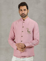 Pastel pink linen waistcoat with shirt and embellished crest detail