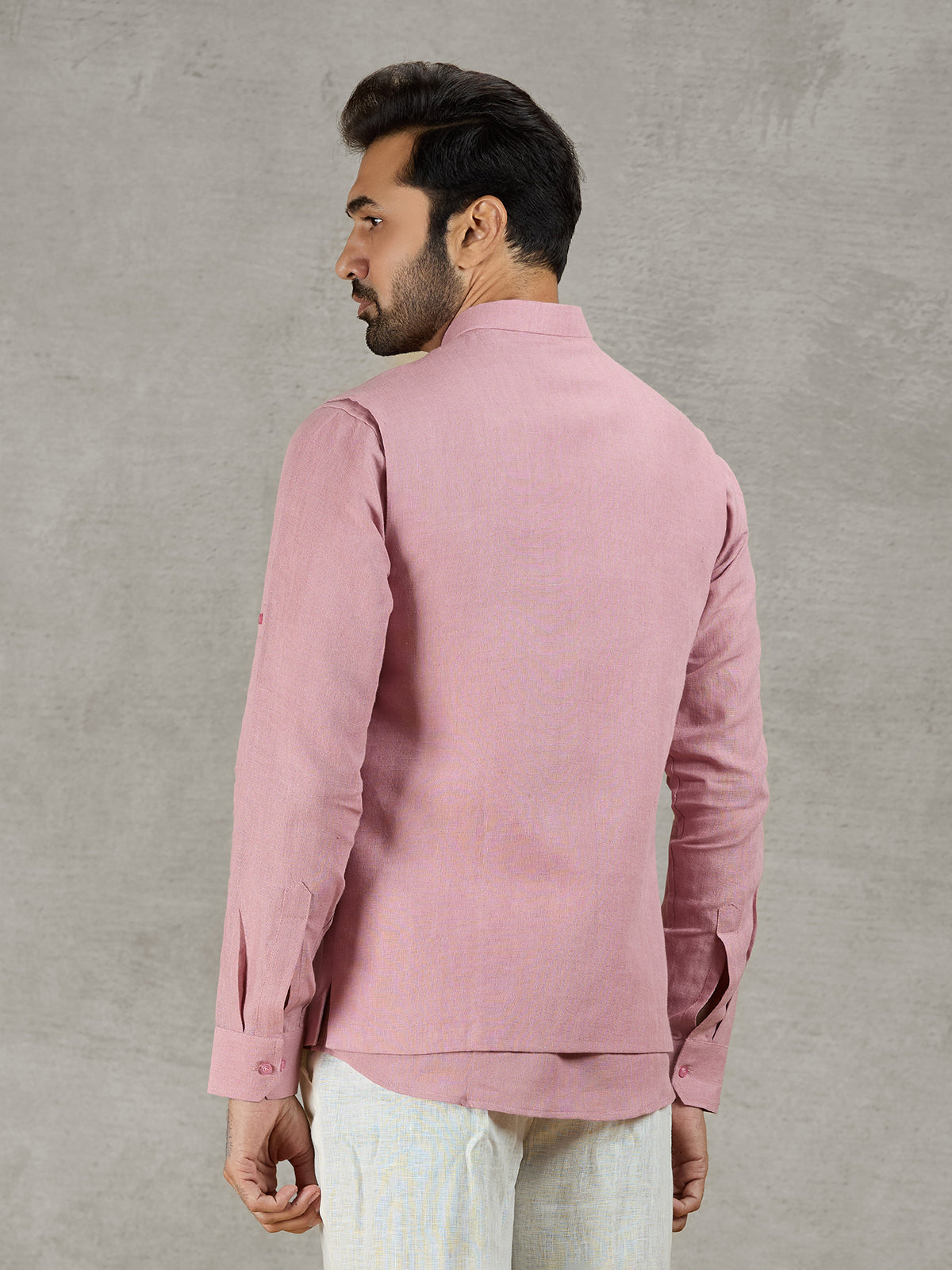 Pastel pink linen waistcoat with shirt and embellished crest detail