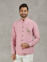 Pastel pink linen waistcoat with shirt and embellished crest detail