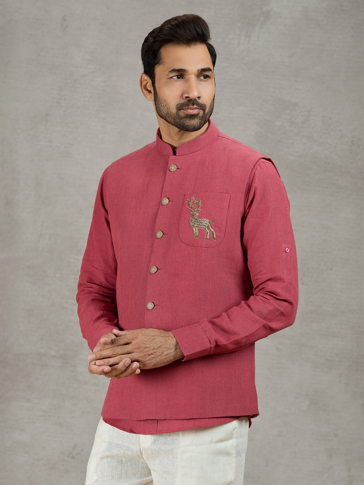Gajri red linen festive waistcoat with shirt