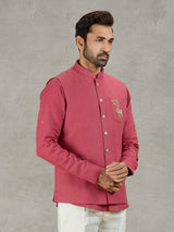 Gajri red linen festive waistcoat with shirt