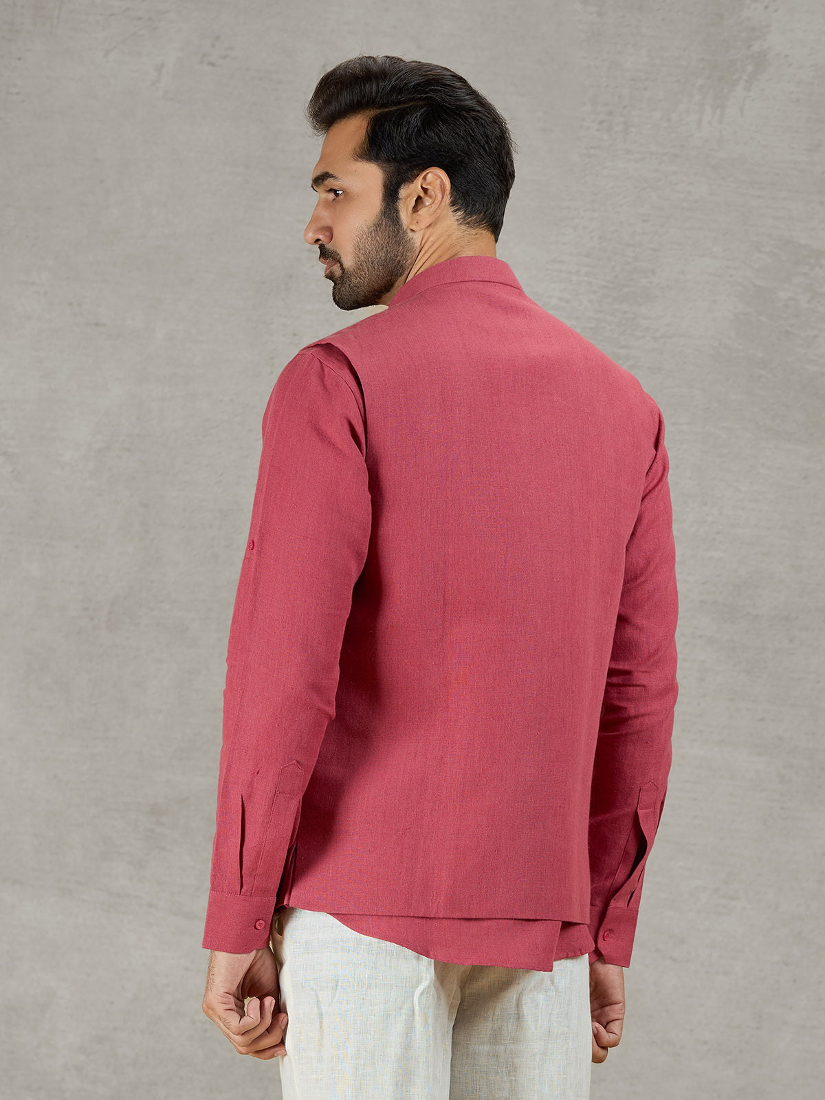 Gajri red linen festive waistcoat with shirt