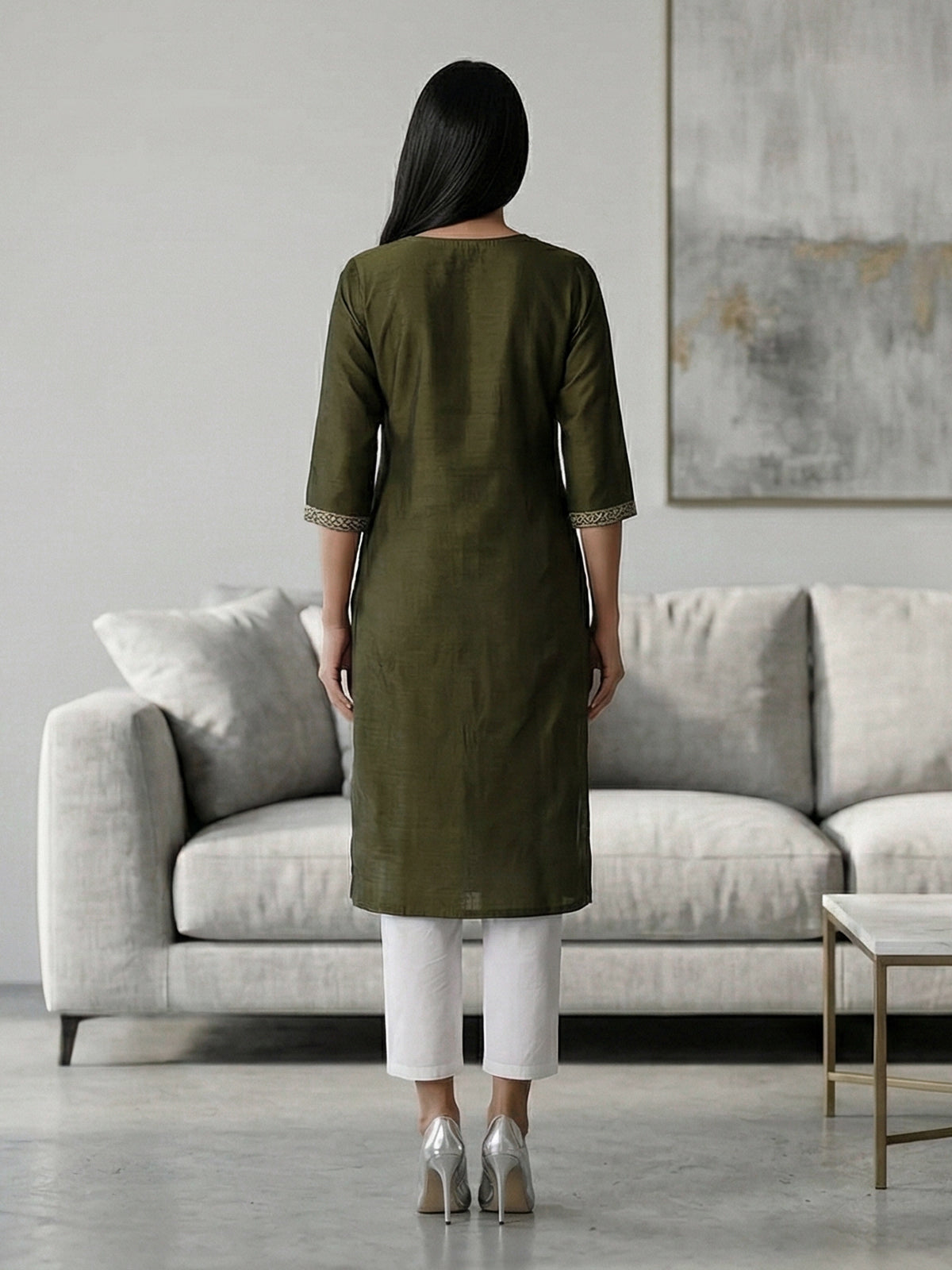 Mehendi green cotton silk embroidered v neck kurti