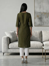 Mehendi green cotton silk embroidered v neck kurti