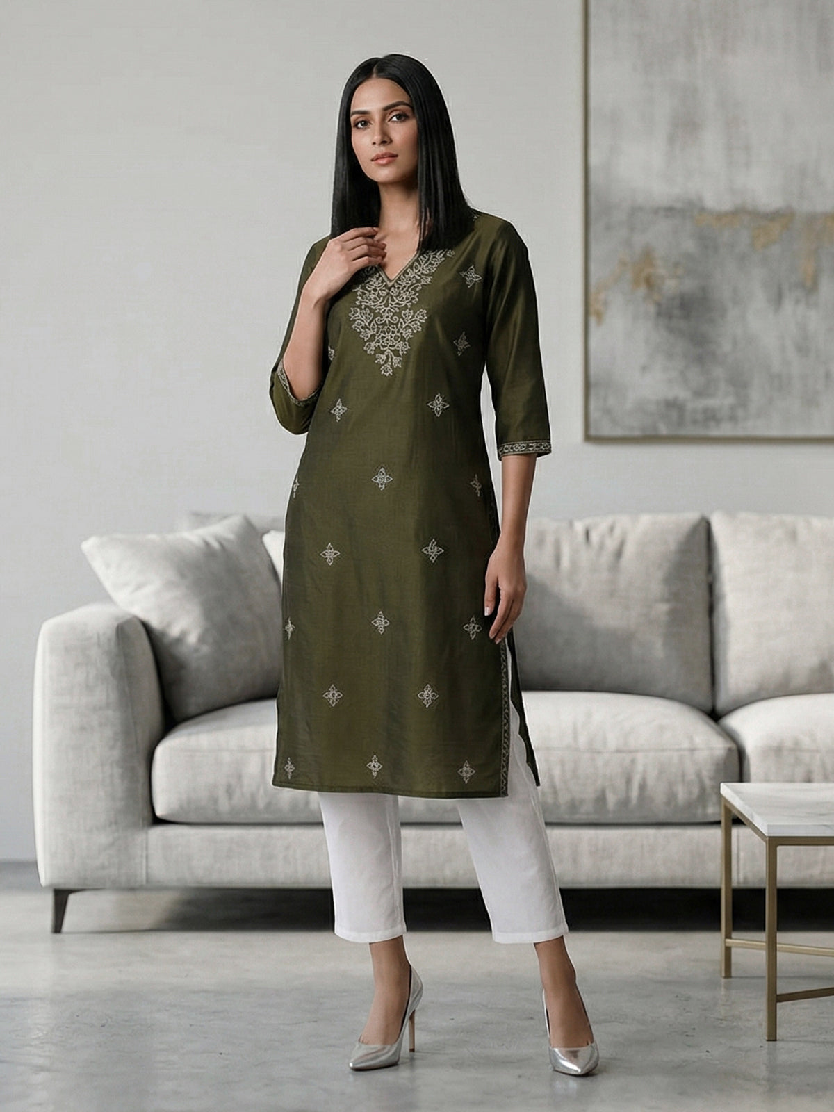 Mehendi green cotton silk embroidered v neck kurti