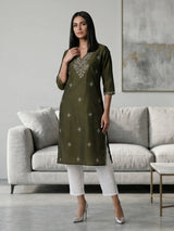 Mehendi green cotton silk embroidered v neck kurti