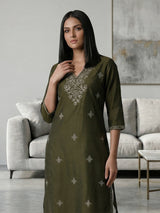 Mehendi green cotton silk embroidered v neck kurti
