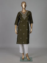 Mehendi green cotton silk embroidered v neck kurti