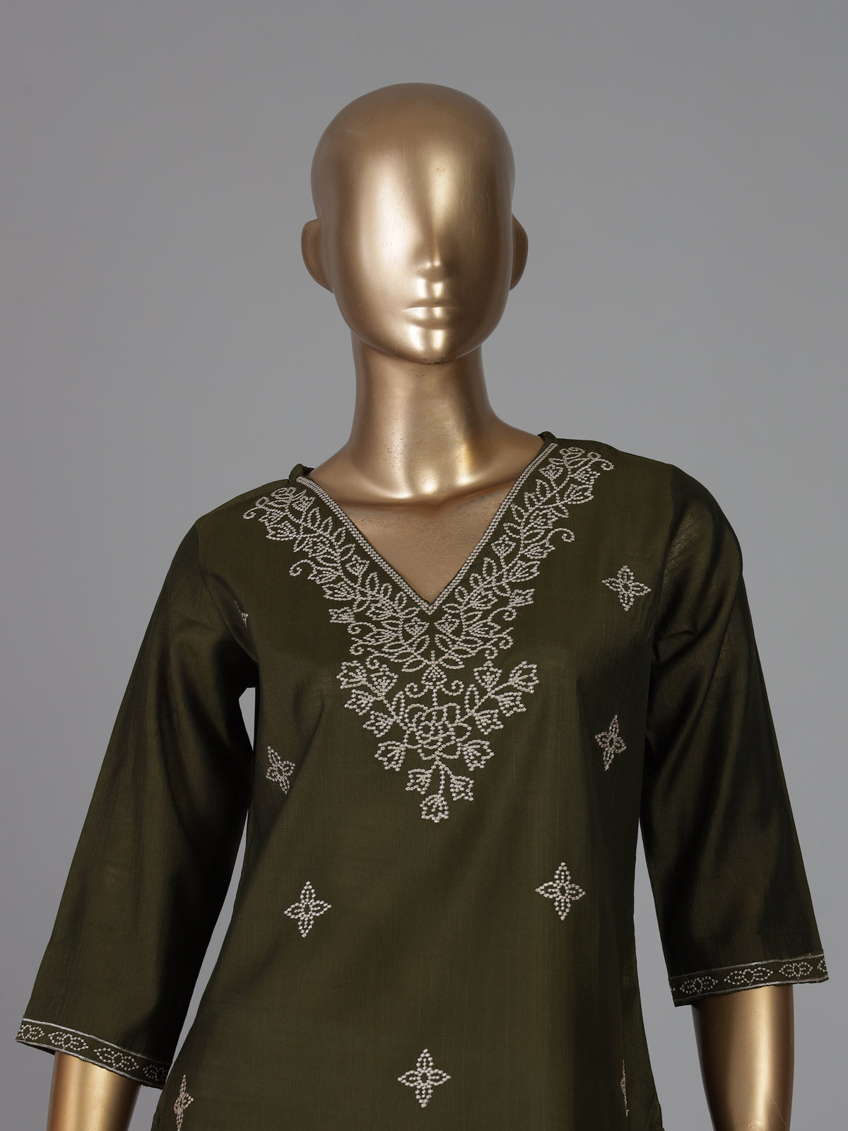 Mehendi green cotton silk embroidered v neck kurti