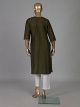 Mehendi green cotton silk embroidered v neck kurti