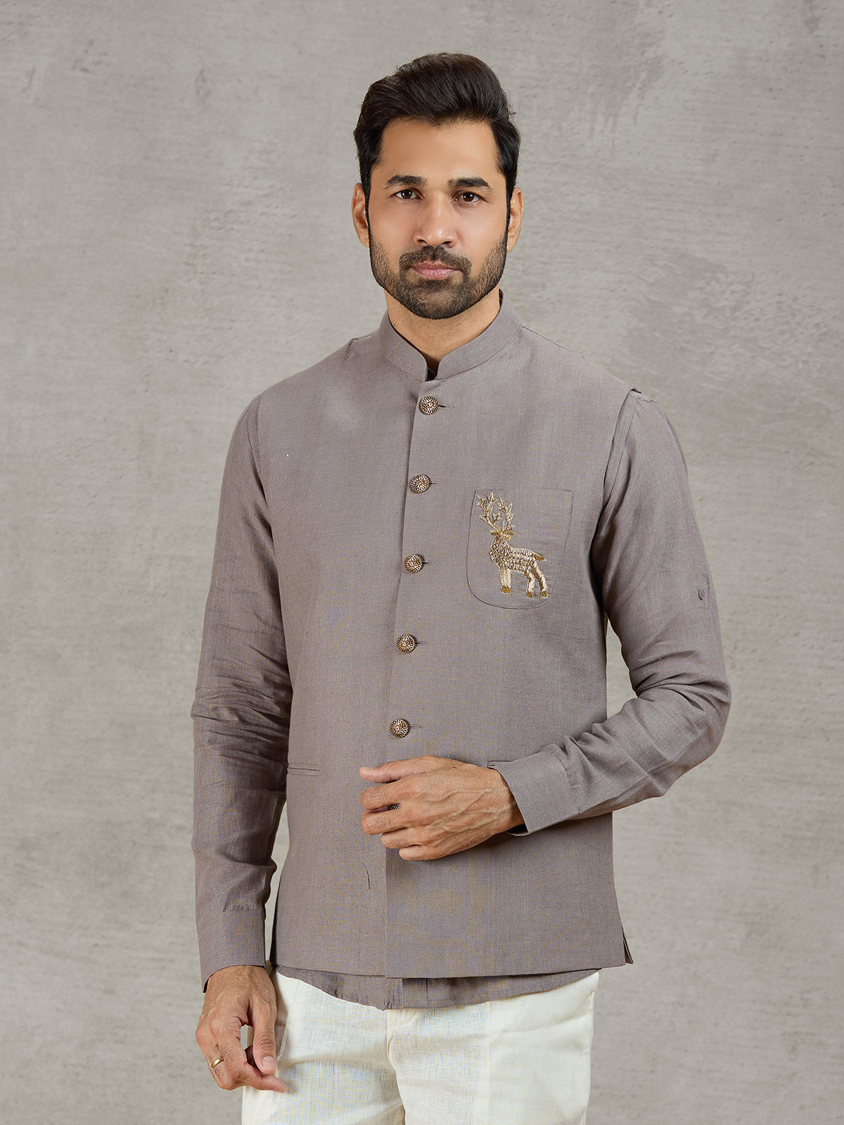 Grey linen waistcoat with shirt and zardosi embellished crest