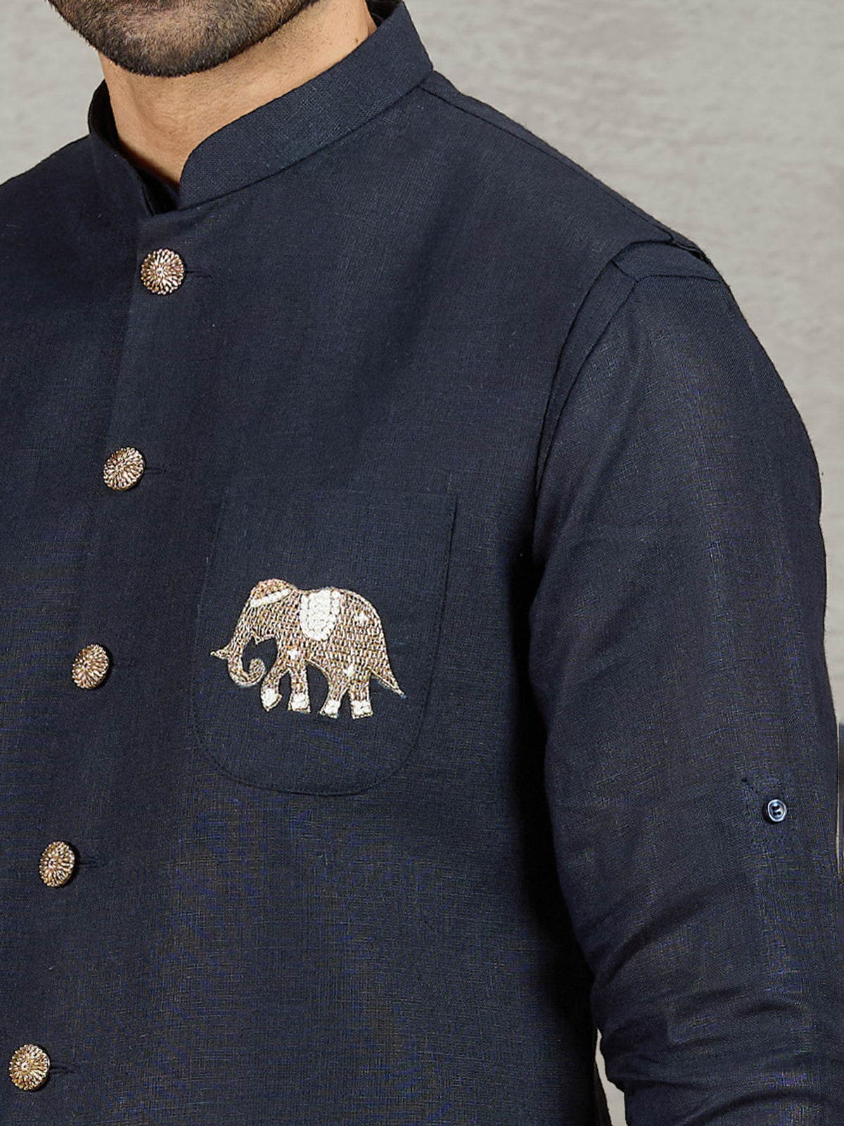 Navy linen waistcoat with shirt and embroidered elephant crest