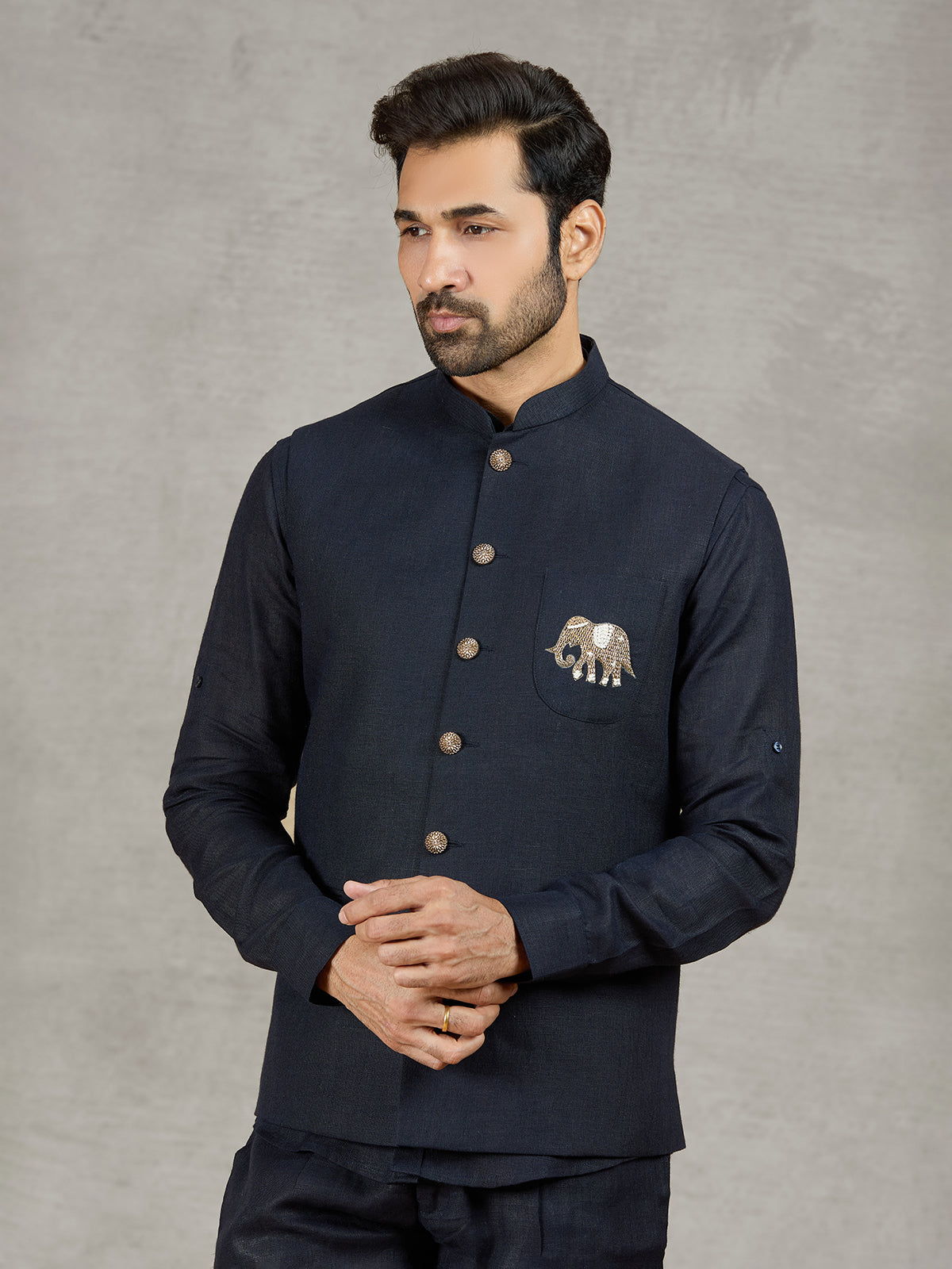 Navy linen waistcoat with shirt and embroidered elephant crest