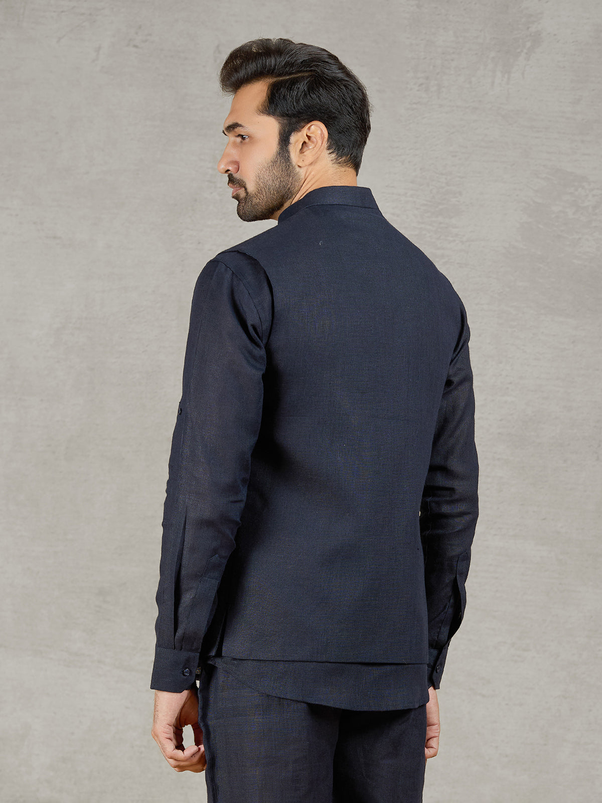 Navy linen waistcoat with shirt and embroidered elephant crest