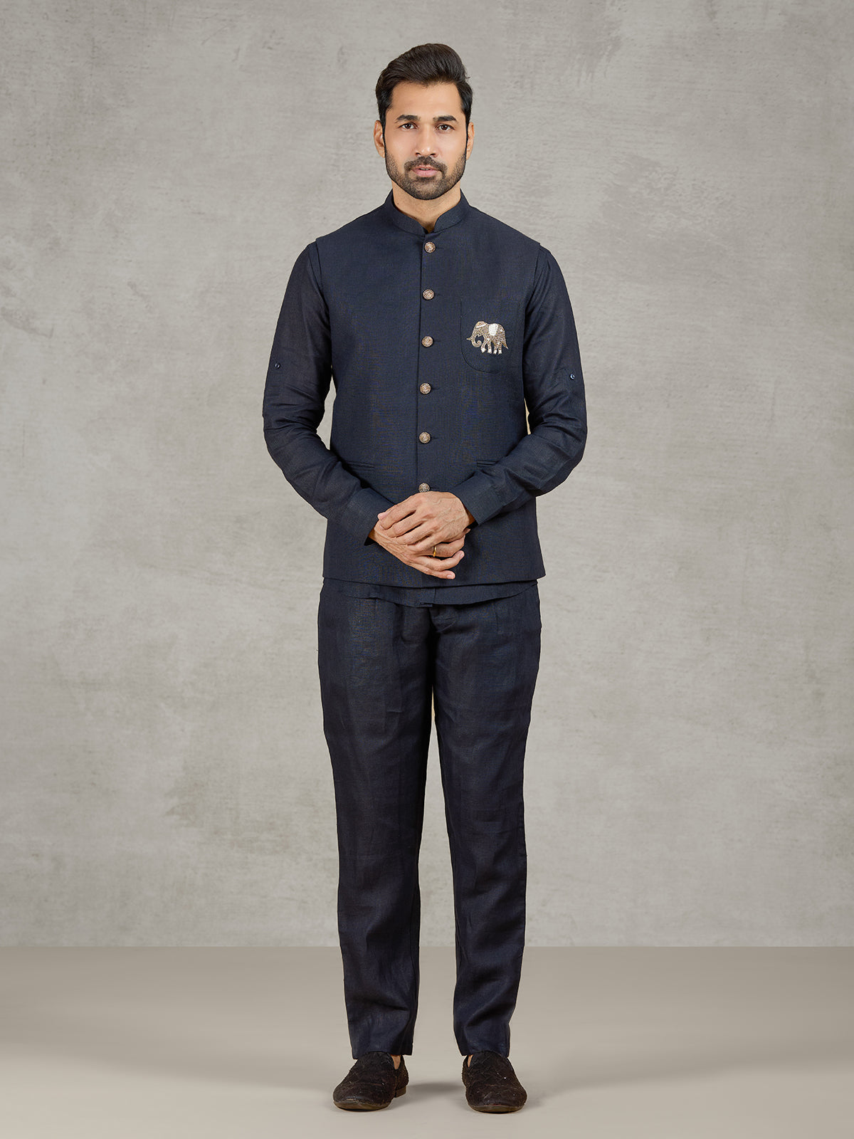 Navy linen waistcoat with shirt and embroidered elephant crest