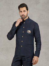 Navy linen waistcoat with shirt and embroidered elephant crest